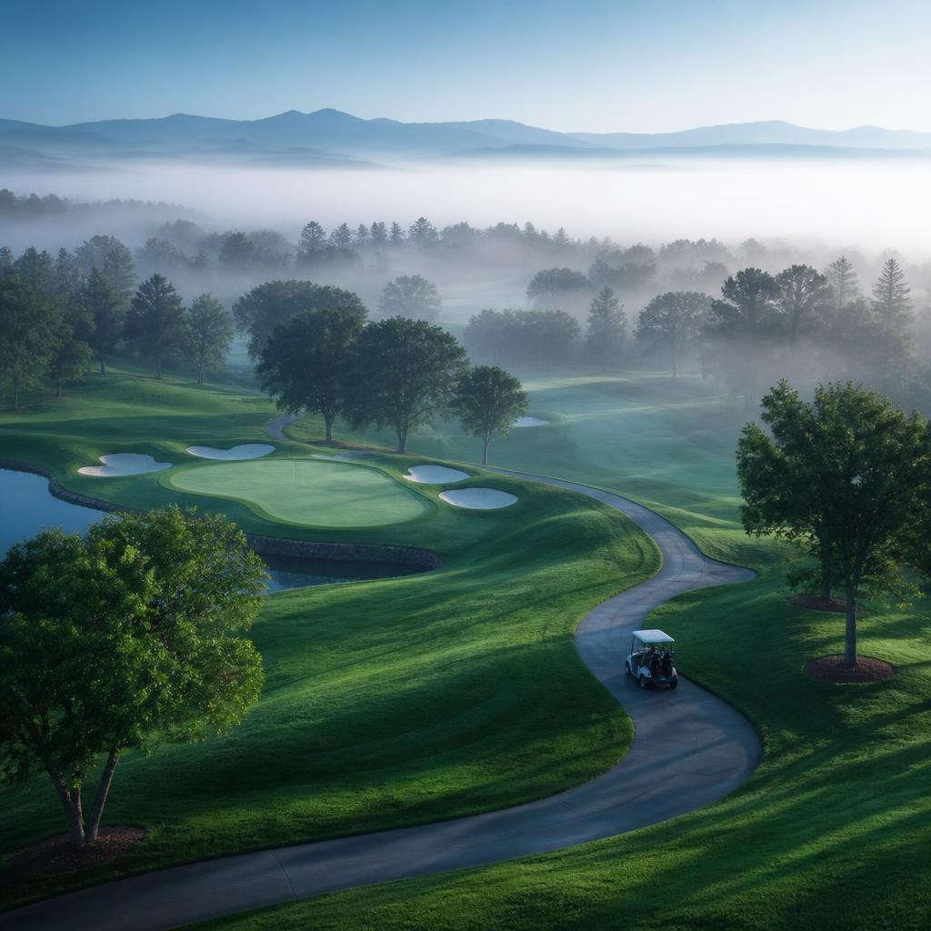 Aerial view of a misty golf course at dawn with a lone golf cart